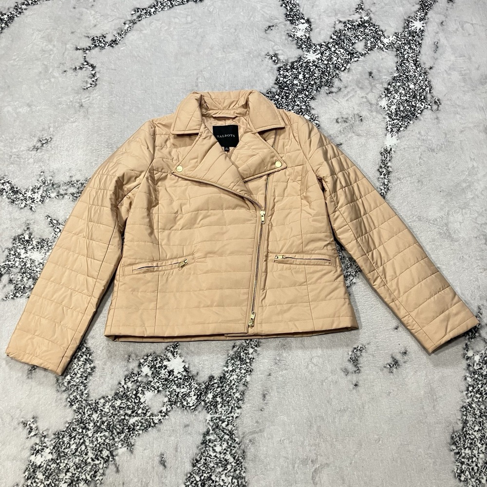 Talbots Quilted Moto Jacket Womens‎ Size XS Tan Lightweight Zip Gold Hardware